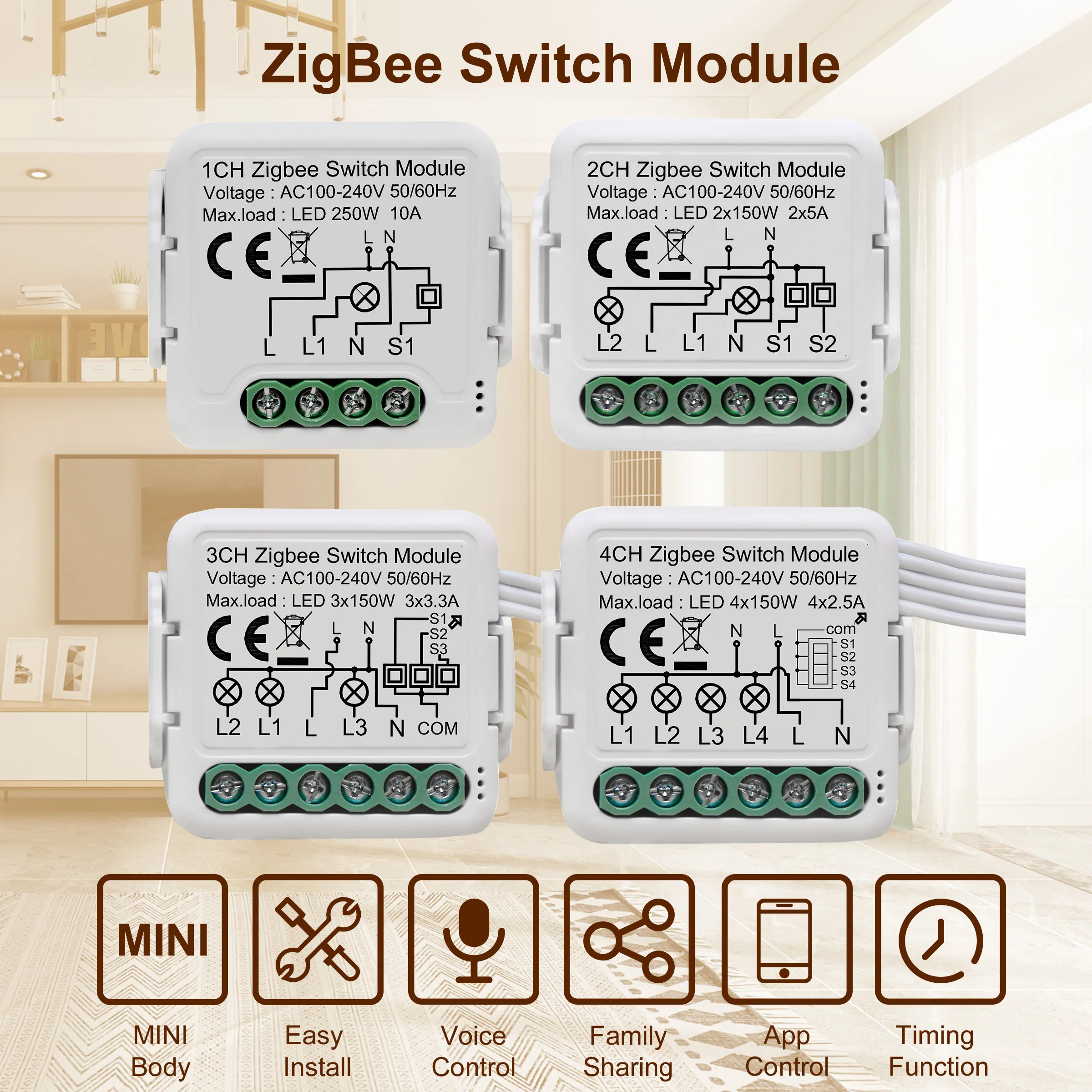Alternative view of GIRIER Tuya ZigBee 3.0 Switch Module 10A Smart Home DIY Breaker 1 2 3 4 Gang Supports 2 Way Control Works with Alexa Google Home
