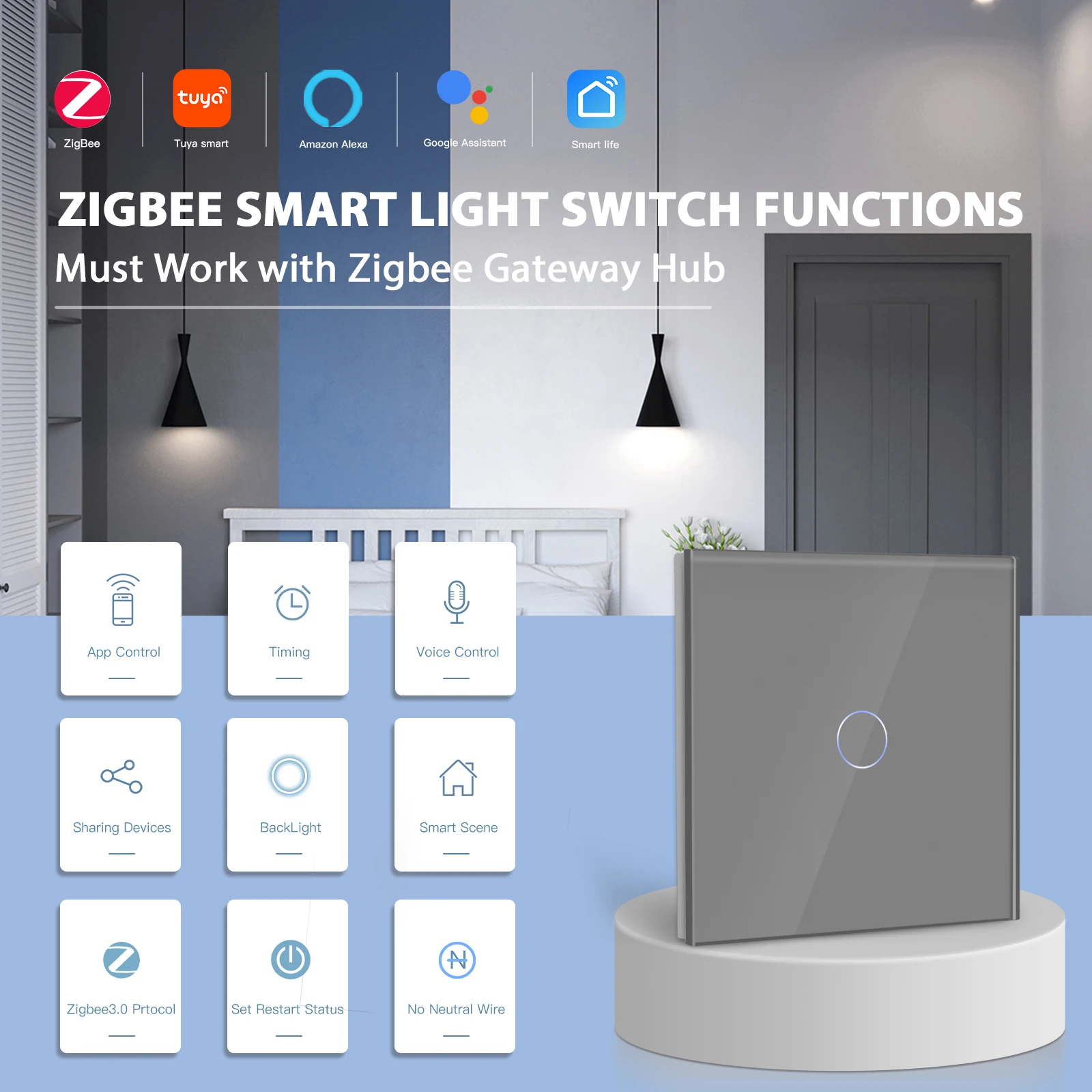 Alternative view of BSEED Smart Zigbee Switches 1/2/3Gang 1Way Intelligent Touch Light Switch Wall Sensor Switches Tuya Smart Life Google Alexa