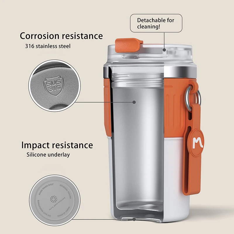 Alternative view of FEIJIAN Stainless Steel Coffee Cup Coffee Mug Thermos Cup Portable Travel Mug With Lifting Rope Leak-Proof Non-Slip 500ml/400ml