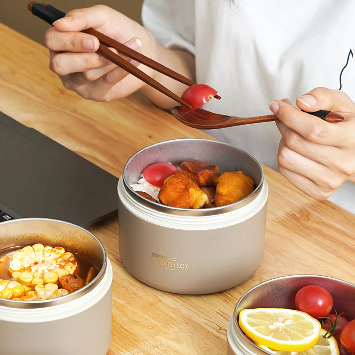 Alternative view of 304 Stainless Steel Vacuum Thermal Lunch Box with Storage Bag Insulated Lunch Food Warmer Soup Cup Thermos Containers Lunch Box