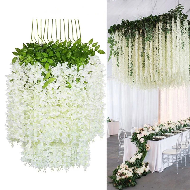 Alternative view of 12pcs Artificial Wisteria Flowers String Hanging Garland Outdoor Wedding Garden Arch Decoration Home Party Decor Fake Flower
