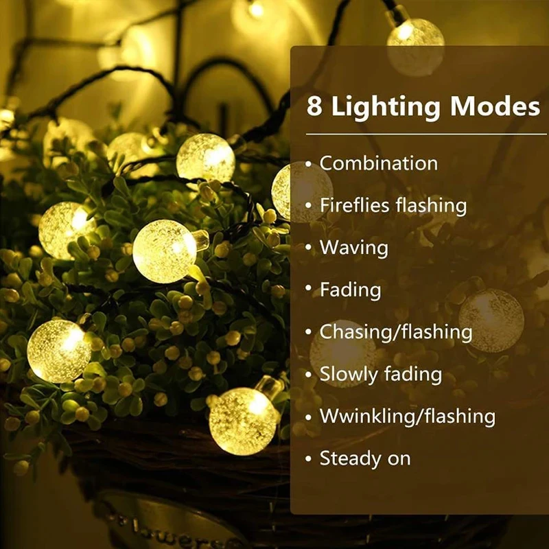 Alternative view of Solar Crystal Globe LED String Lights 60 LED 8 Lighting Modes IP65 Fairy Light Christmas Garland For Garden Party Decor 1pc/2pcs