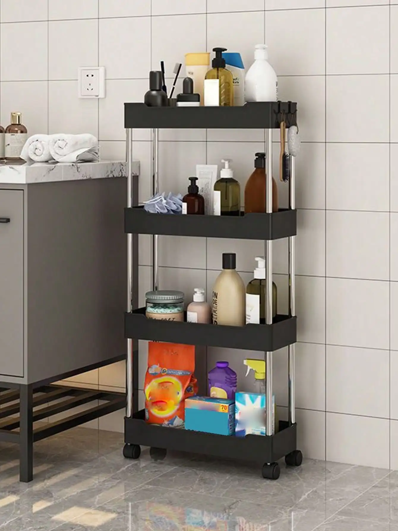 Alternative view of 1pcs 3/4 Tier Rolling Utility Cart Storage Shelf Movable Gap Storage Rack Kitchen Bathroom Slim Slide Organizer Shelf Livingroom