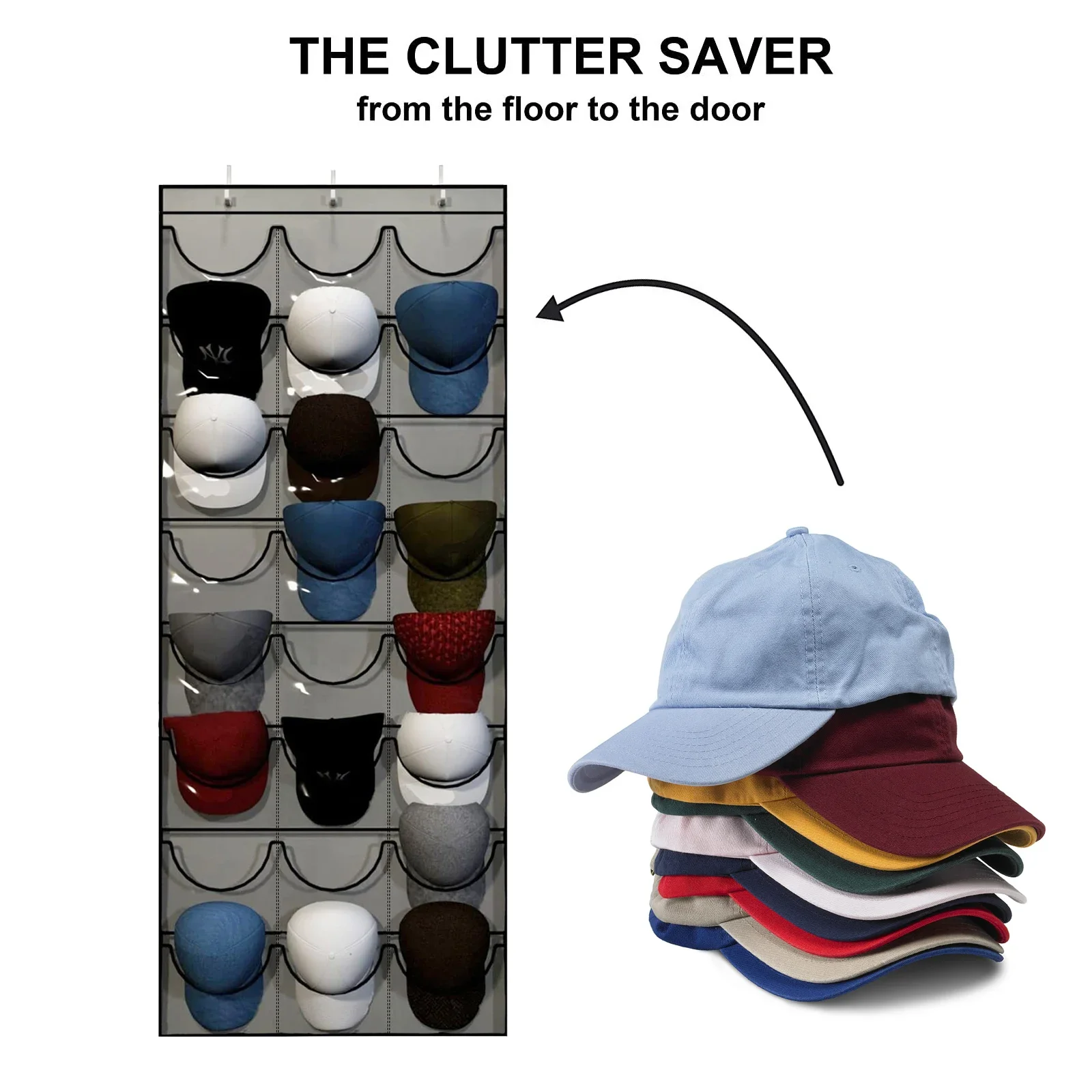 Alternative view of Hat Storage Holder Organizer 24 Clear Pockets Protect Hat Rack Door Hanging Holder Hanger Storage Rack for Baseball Caps Bedroom