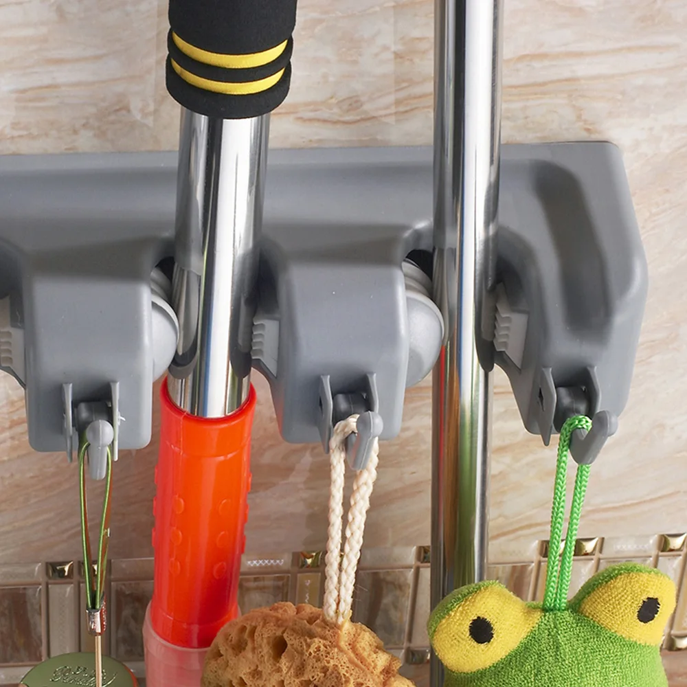 Alternative view of Plastic Mop Holder Wall Mounted Broom Hook 3/4/5 Position Multi-Functional Broomstick Storage Rack Bathroom Organizer