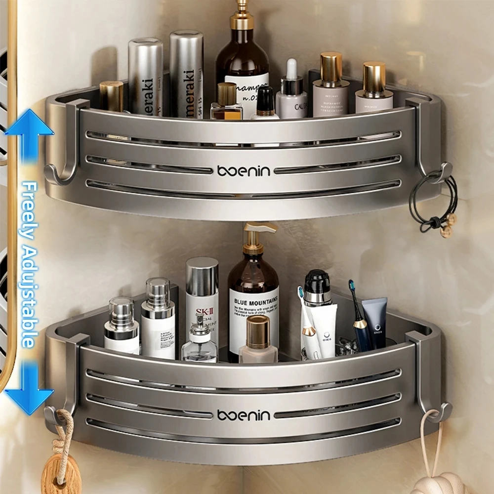 Alternative view of Wall Mounted Bathroom Shelves Shower Corner Shelf with Towel Bar Hook Space Aluminum Shampoo Holder Kitchen Organizer Rack
