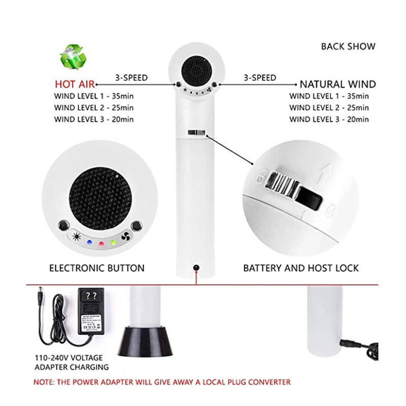Alternative view of Rechargeable Hair Dryers Women Lightweight USB Lithium Battery Wireless Portable Blow Dryer Battery Hair Dryer Hot and Cold Air