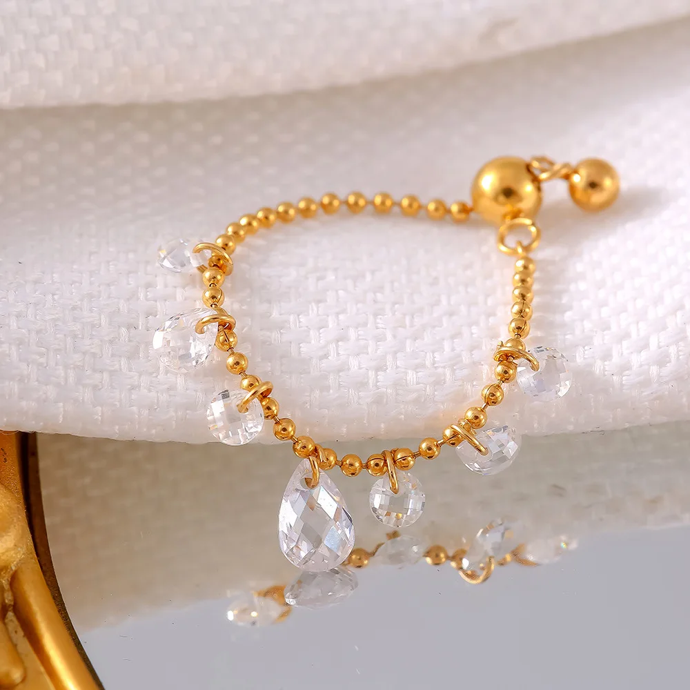 Alternative view of Crystal Pendant Stainless Steel Beads Ring For Women 18K Gold Plated Waterproof Adjustable Women's Rings Luxury Designer Jewelry