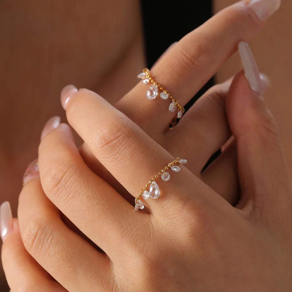 Crystal Pendant Stainless Steel Beads Ring For Women 18K Gold Plated Waterproof Adjustable Women's Rings Luxury Designer Jewelry