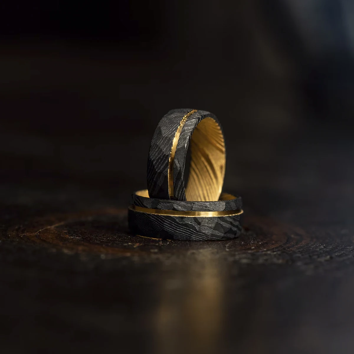 Damascus Steel Ring 8mm Black With Gold-Plated Inner Layer Men'S Couple Wedding Ring Luxurious and Comfortable Daily Party Wear