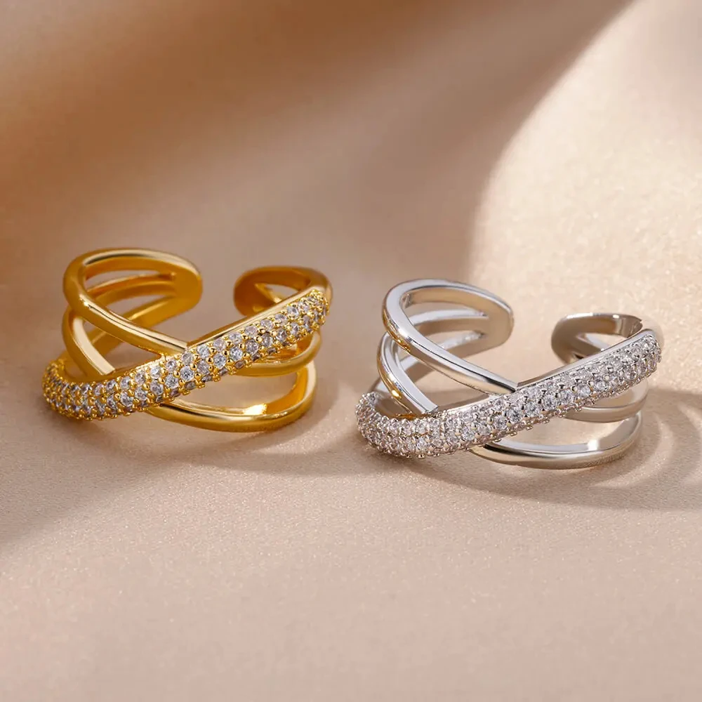 Zircon Double Cross Shape Rings For Women Gold Plated Stainless Steel Cross Ring Luxury Wedding Couple Aesthetic Jewerly Gift