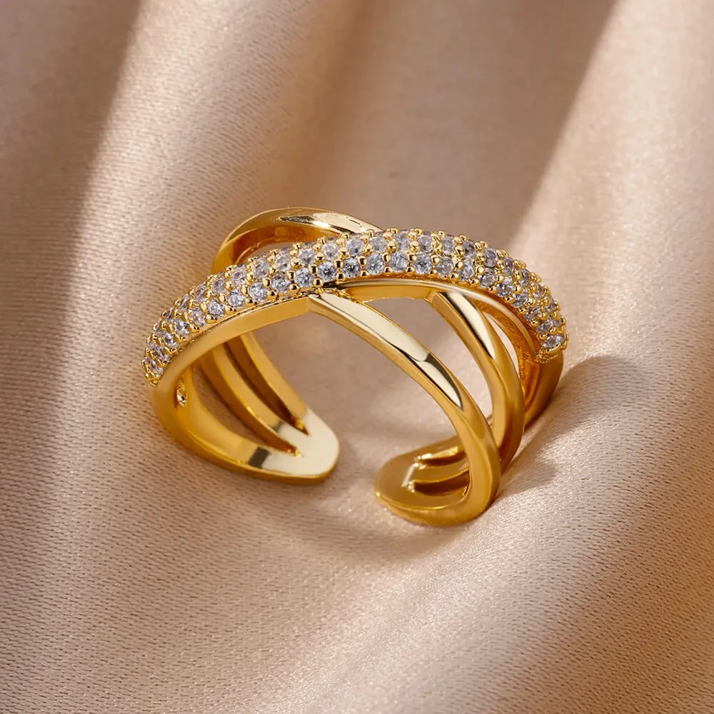 Zircon Double Cross Shape Rings For Women Gold Plated Stainless Steel Cross Ring Luxury Wedding Couple Aesthetic Jewerly Gift