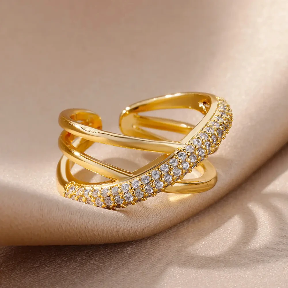 Zircon Double Cross Shape Rings For Women Gold Plated Stainless Steel Cross Ring Luxury Wedding Couple Aesthetic Jewerly Gift