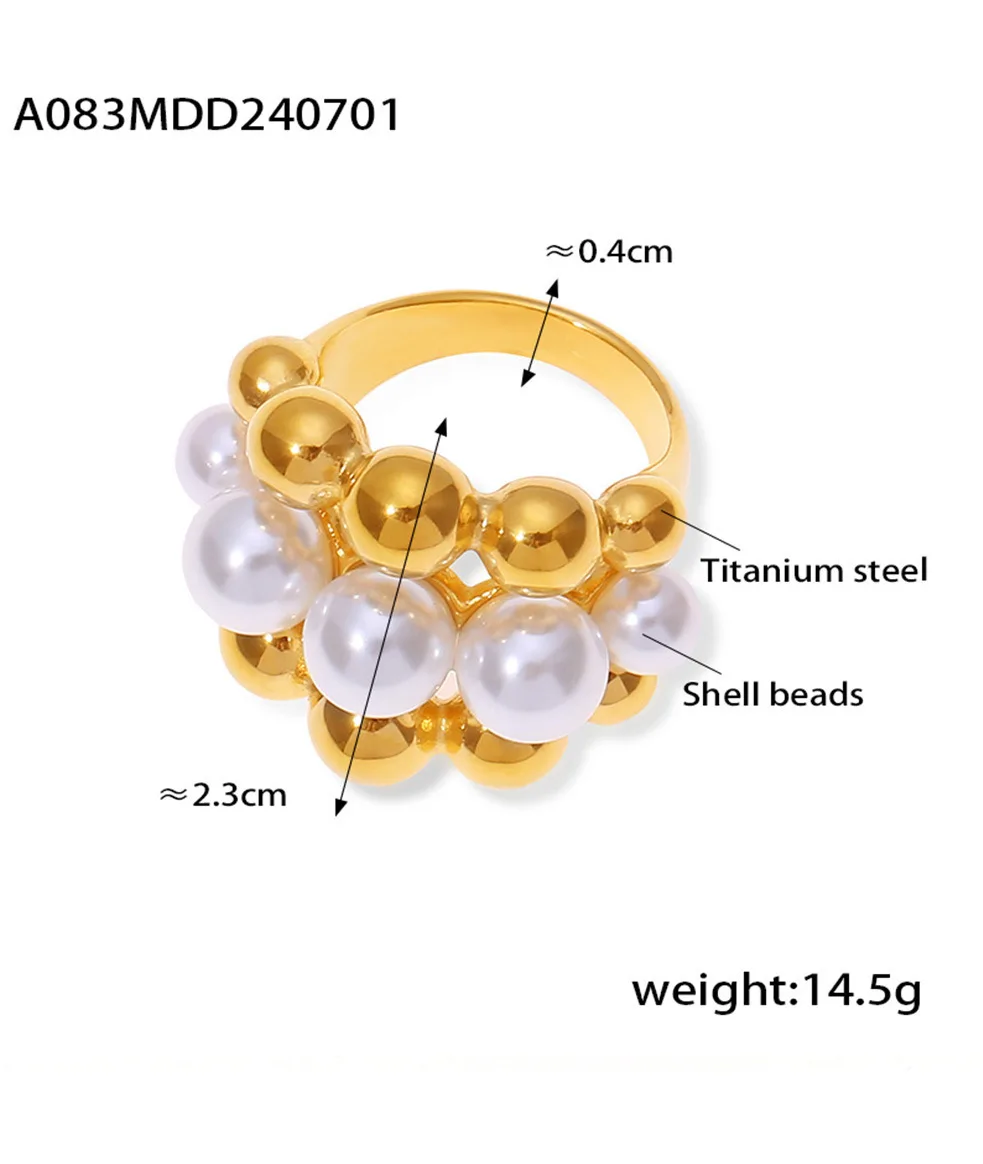 Elegant Inlaid Shell Beads Rings For Women Stainless Steel 18K Gold Plated Waterproof Women's Large Rings Luxury Woman Jewelry