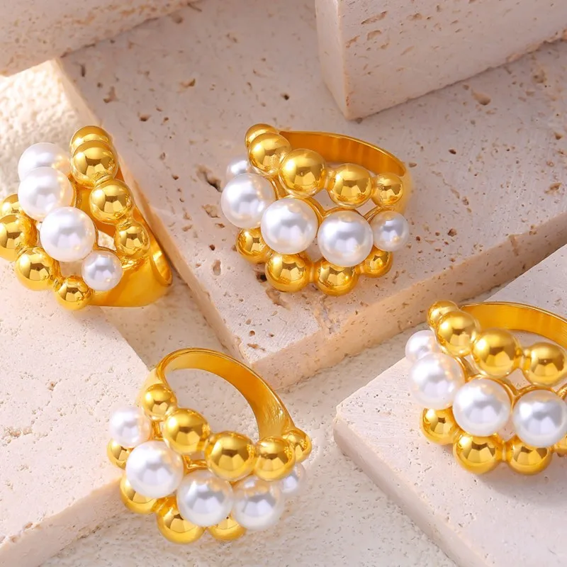 Alternative view of Elegant Inlaid Shell Beads Rings For Women Stainless Steel 18K Gold Plated Waterproof Women's Large Rings Luxury Woman Jewelry