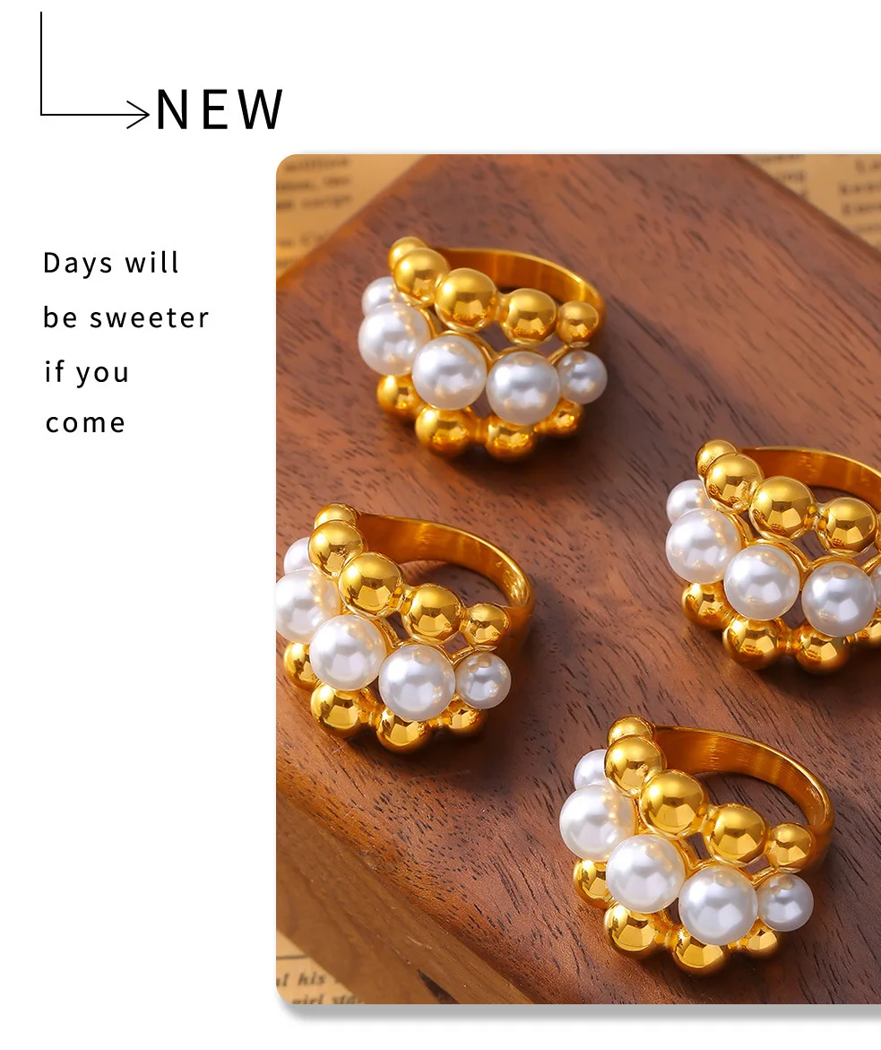 Elegant Inlaid Shell Beads Rings For Women Stainless Steel 18K Gold Plated Waterproof Women's Large Rings Luxury Woman Jewelry