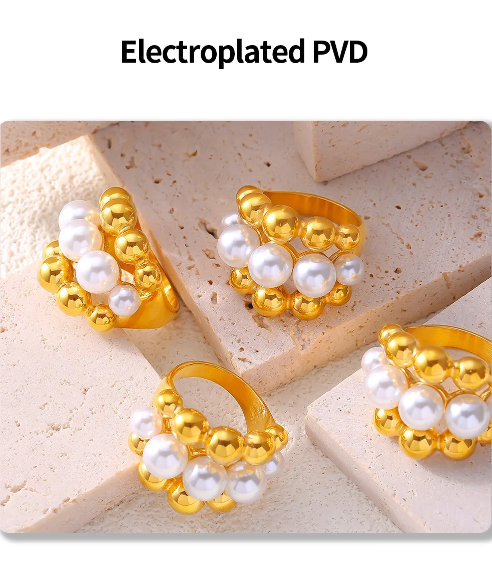 Elegant Inlaid Shell Beads Rings For Women Stainless Steel 18K Gold Plated Waterproof Women's Large Rings Luxury Woman Jewelry