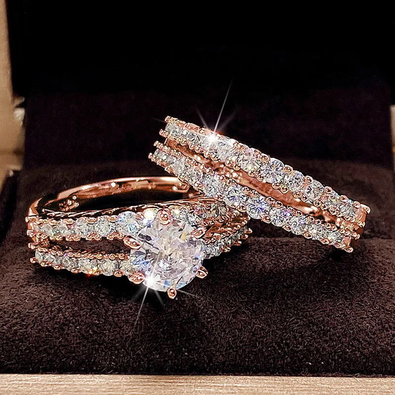 Alternative view of Huitan Trendy Hollow Set Rings Full Bling Iced Out CZ Stone Luxury Women Wedding Engagement Rings 2Pcs Set Jewelry Drop Shipping
