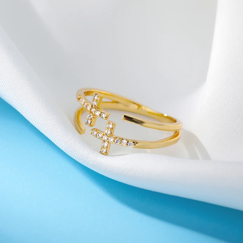 Shiny Opening Zircon Double Cross Rings For Woman Gold Color Stainless Steel Ring Luxury Wedding Ring Jewelry Gift Bague
