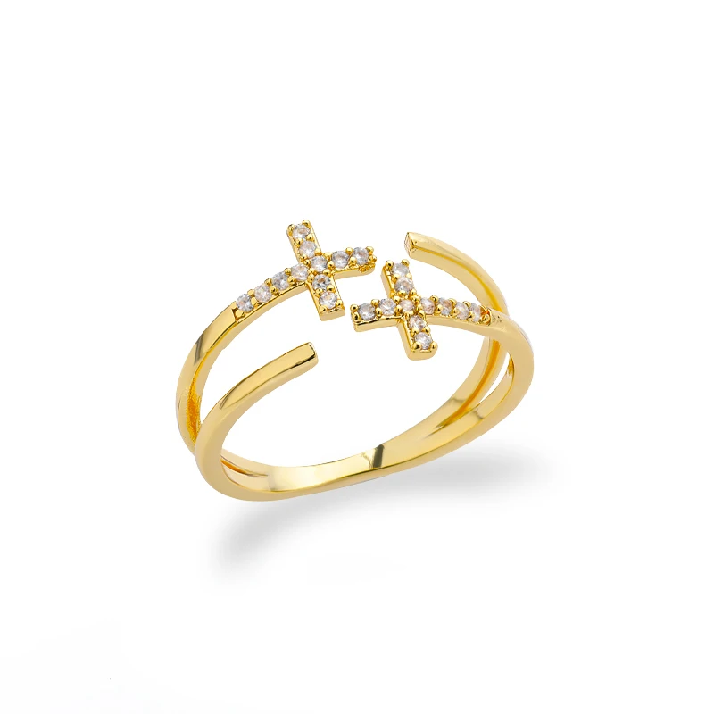 Shiny Opening Zircon Double Cross Rings For Woman Gold Color Stainless Steel Ring Luxury Wedding Ring Jewelry Gift Bague