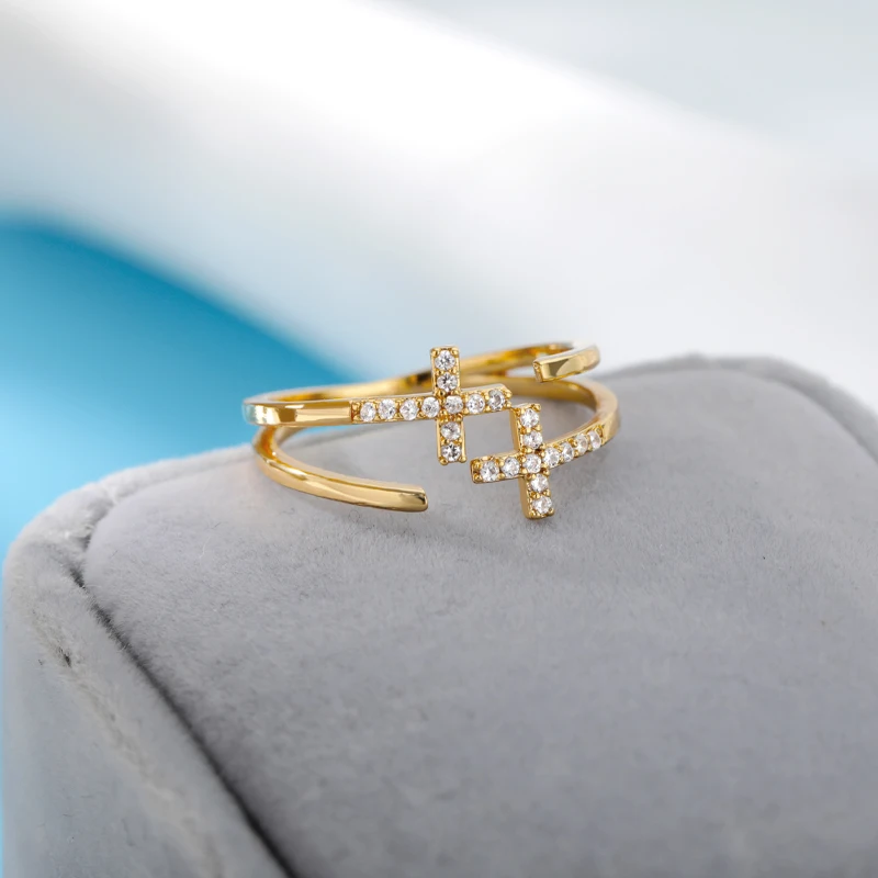 Shiny Opening Zircon Double Cross Rings For Woman Gold Color Stainless Steel Ring Luxury Wedding Ring Jewelry Gift Bague