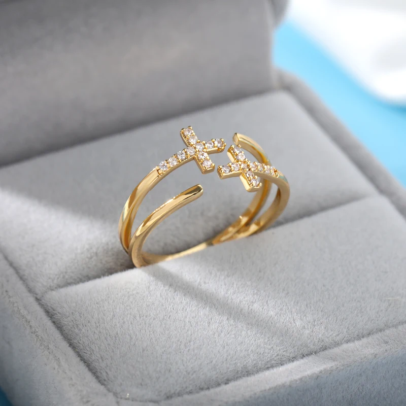 Shiny Opening Zircon Double Cross Rings For Woman Gold Color Stainless Steel Ring Luxury Wedding Ring Jewelry Gift Bague