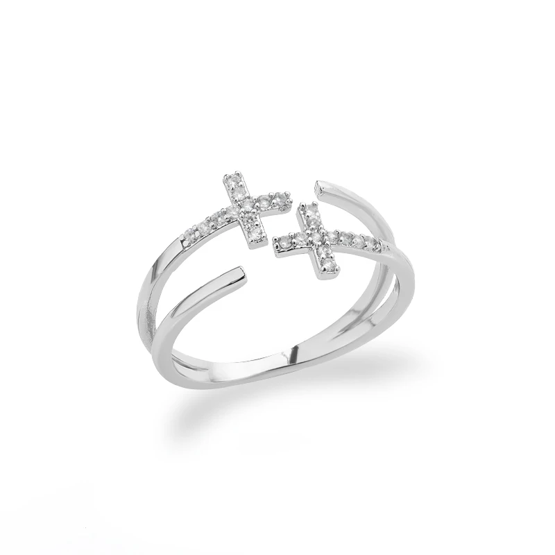 Shiny Opening Zircon Double Cross Rings For Woman Gold Color Stainless Steel Ring Luxury Wedding Ring Jewelry Gift Bague