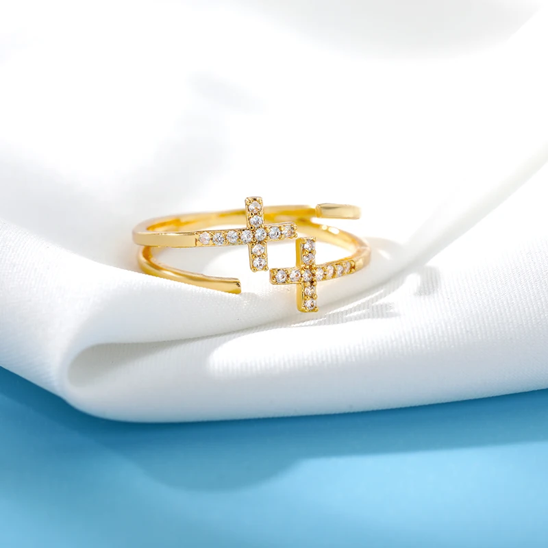 Shiny Opening Zircon Double Cross Rings For Woman Gold Color Stainless Steel Ring Luxury Wedding Ring Jewelry Gift Bague