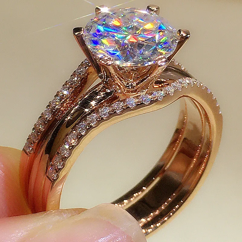 Alternative view of Huitan Unique Rose Gold Color Rings for Women Classic 6 Claws Designed Cubic Zirconia Rings Wedding Engagement Bands Hot Jewelry
