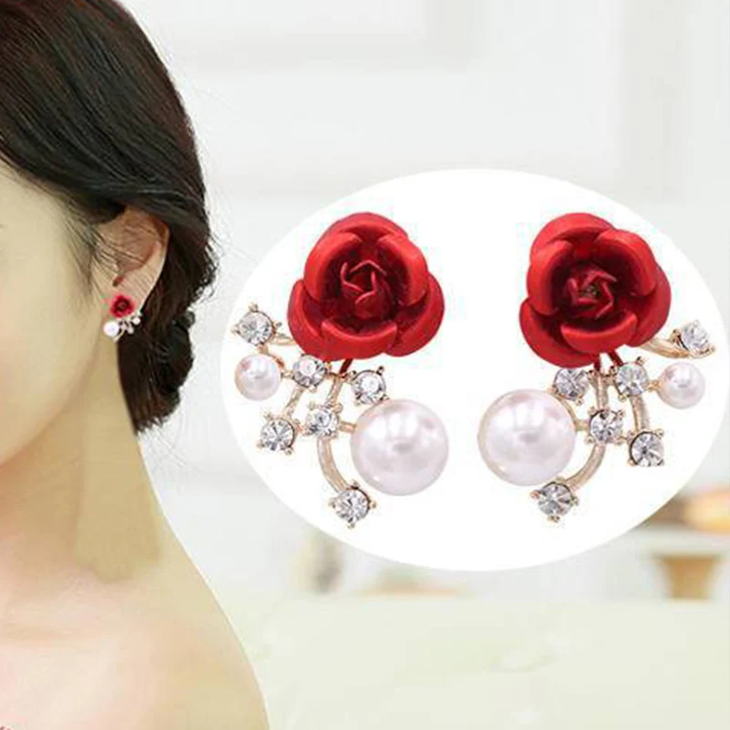 Alternative view of Fashion Red Rose Rhinestone Stud Earrings For Women Butterfly Angel Wings Pearl Flowers Earring Bride Wedding Engagement Jewelry