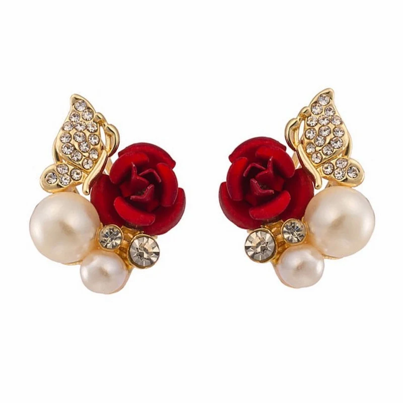 Fashion Red Rose Rhinestone Stud Earrings For Women Butterfly Angel Wings Pearl Flowers Earring Bride Wedding Engagement Jewelry