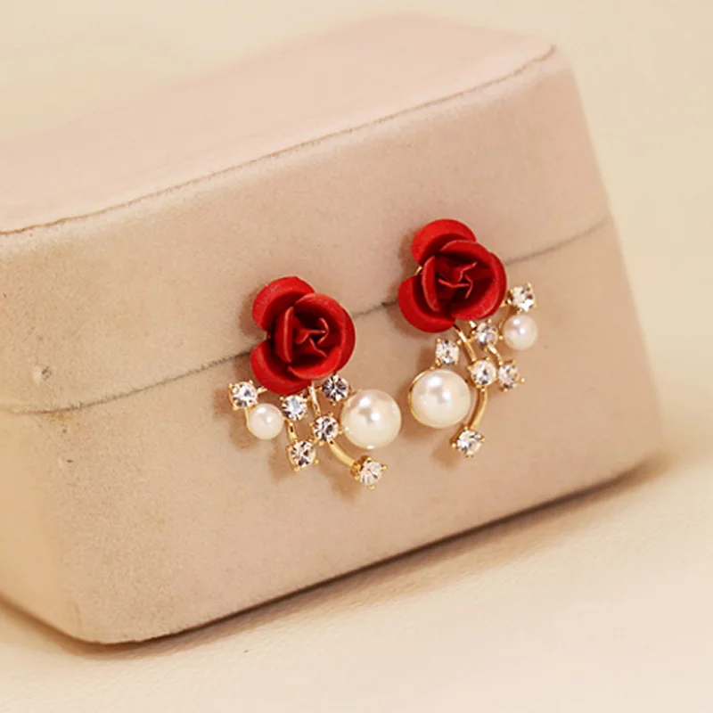 Fashion Red Rose Rhinestone Stud Earrings For Women Butterfly Angel Wings Pearl Flowers Earring Bride Wedding Engagement Jewelry