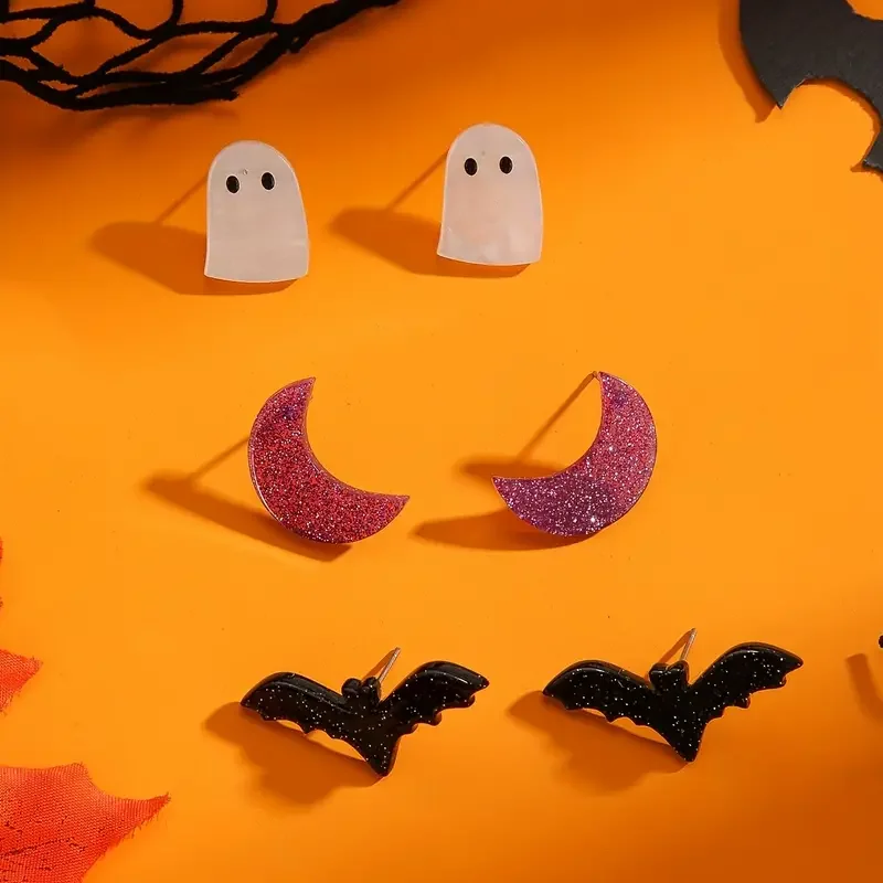 Alternative view of Halloween Gothic Earring Set - 3 Pairs Of Acrylic Studs With Moon, Bat, Ghost, Pumpkin & Spider Designs For Women - Perfect Vint