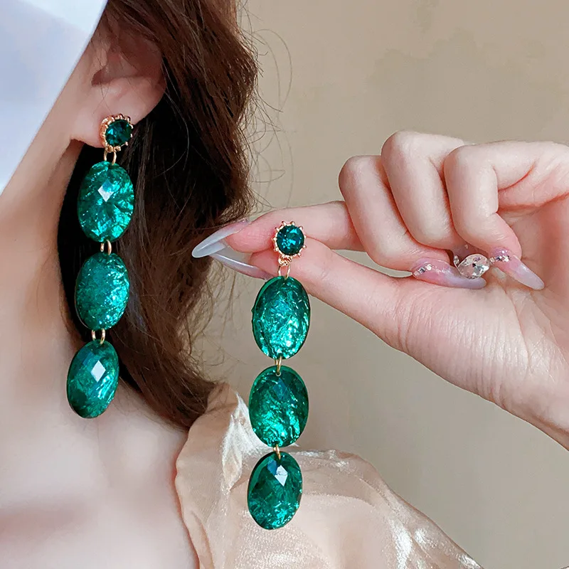 Alternative view of Emerald Oval Rhinestone Dangle Earrings for Women French Vintage Retro New in Earring 2024 Trend Charms Luxury Advanced Jewelry