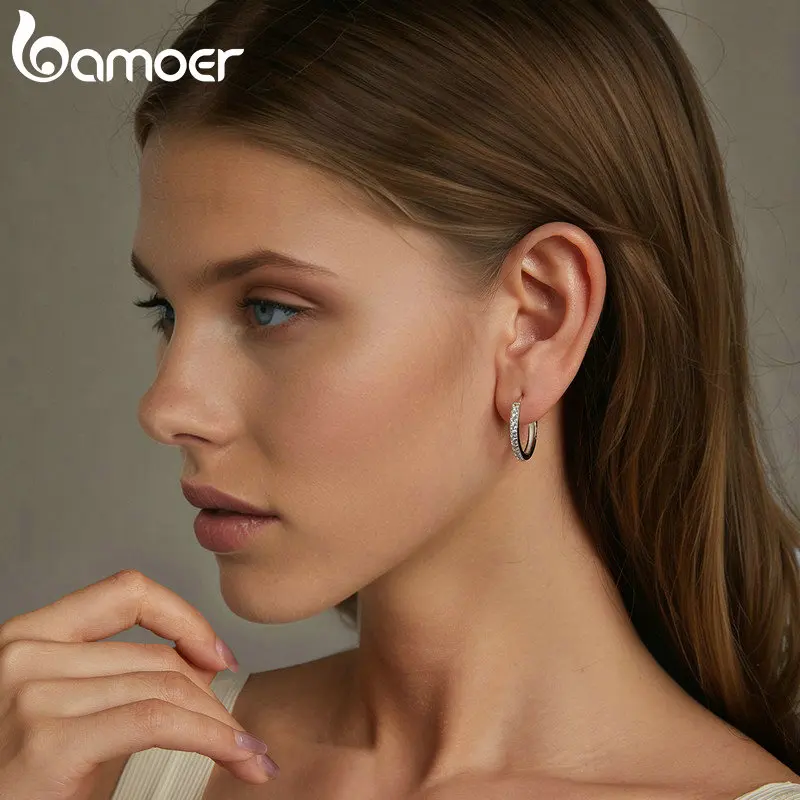 Alternative view of BAMOER 925 Sterling Silver Classic CZ Huggie Hoop Earrings, White Gold Plated Cartilage Piercing Earrings Ear Cuff for Women