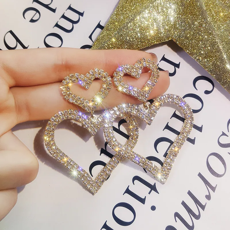 Luxury Rhinestone Earrings For Women Double Big Heart Pearl Crystal Simple Korean Statement Wedding Earring Jewelry Party