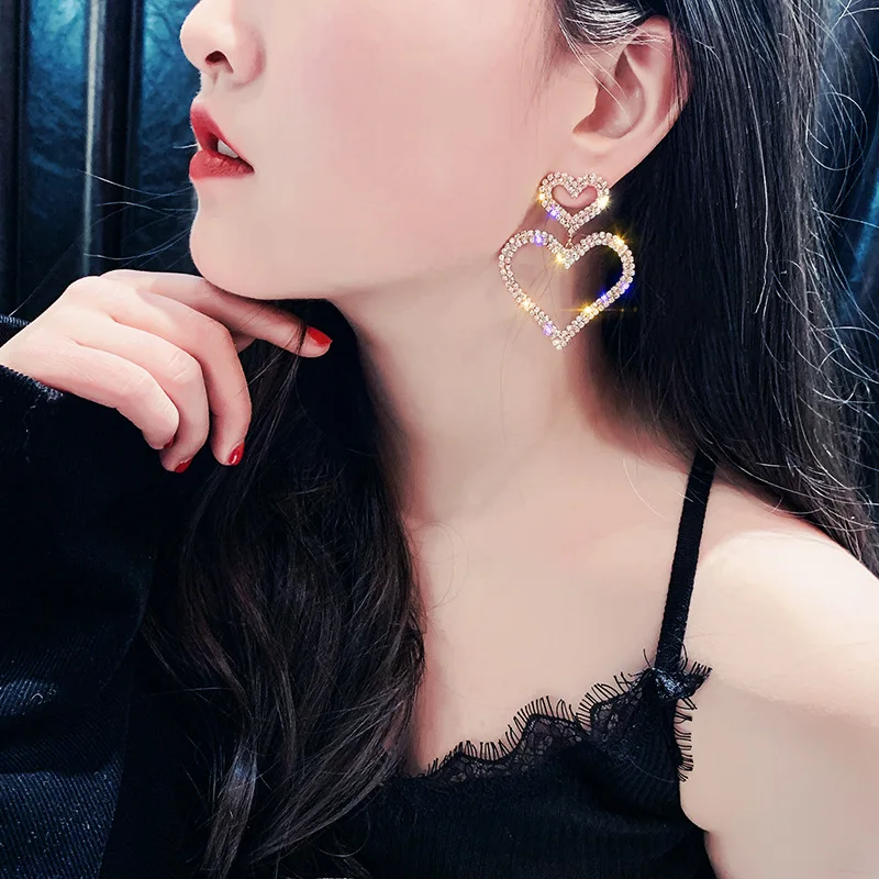 Alternative view of Luxury Rhinestone Earrings For Women Double Big Heart Pearl Crystal Simple Korean Statement Wedding Earring Jewelry Party