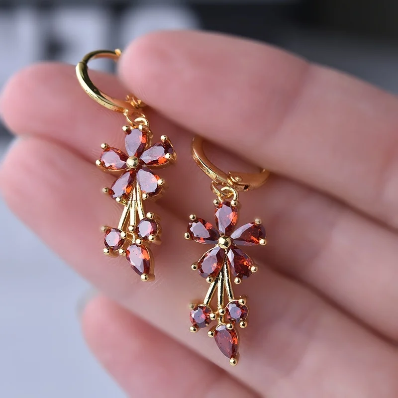 Alternative view of Luxury Gold Color Flower Shape Women Drop Earrings Inlaid Shiny Multicolour Cubic Zirconia Top Quality Fashion Banquet Jewelry