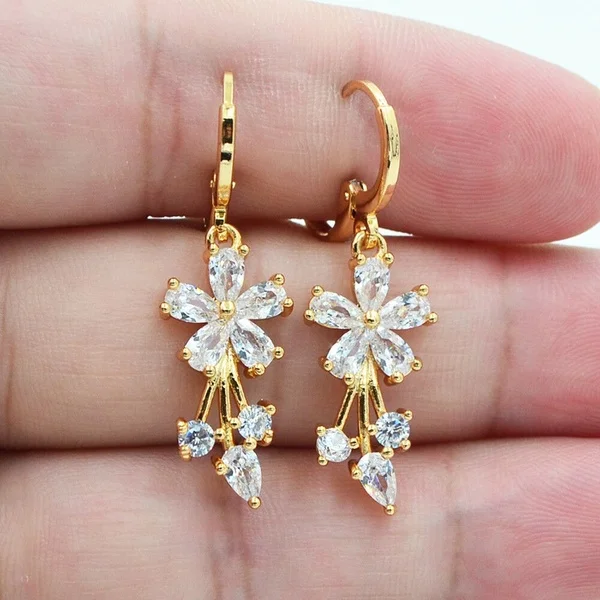 Luxury Gold Color Flower Shape Women Drop Earrings Inlaid Shiny Multicolour Cubic Zirconia Top Quality Fashion Banquet Jewelry