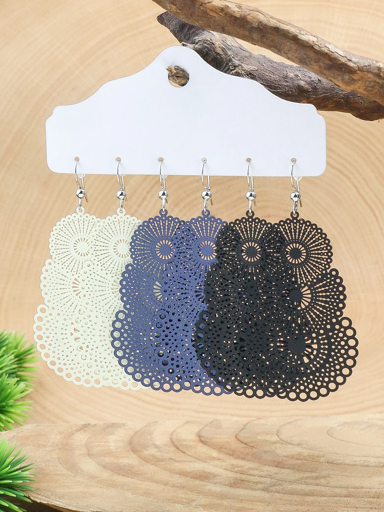 Alternative view of Bohemian Holiday Style White Blue Black Hollow out Thin Sheet Earrings for Women's Earrings Set with Fine Craftsmanship