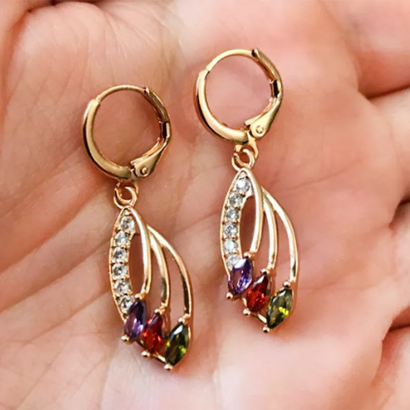 Alternative view of Fashion Gold Color Peridot Leaf Dangle Hollow Earrings for Women Bridal Wedding Earrings Accessories Jewelry