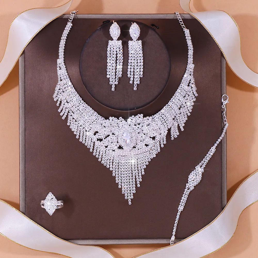 Stonefans Luxury Indian Bridal Jewelry Sets Women Accessories Fashion Tassel Rhinestone Necklace Earrings Sets Wedding Jewelry