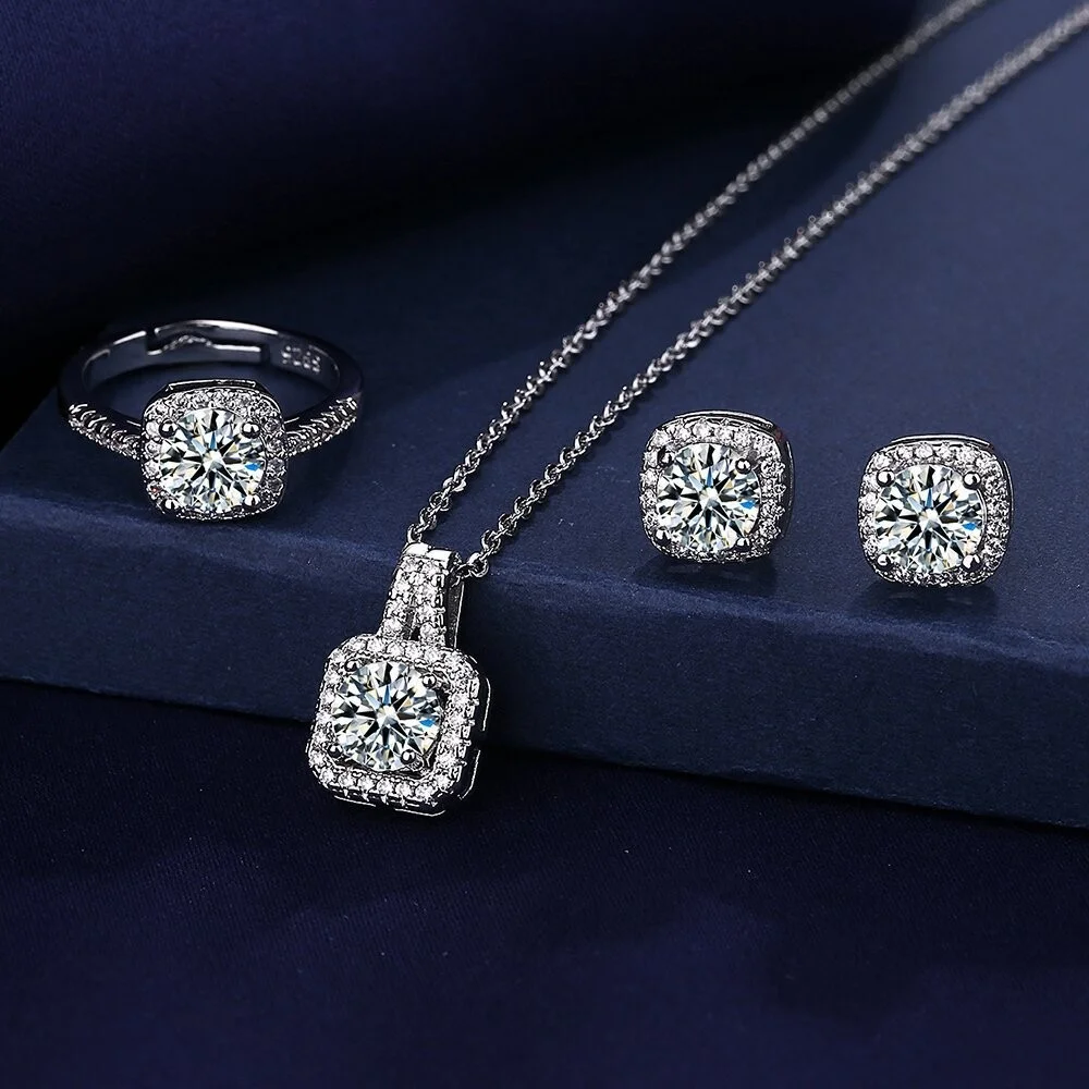 Alternative view of Luxury Square Zircon Crystal Earring Necklace Ring 3 Piece Set for Women Silver Color Princess Bride Wedding Banquet Jewelry Set
