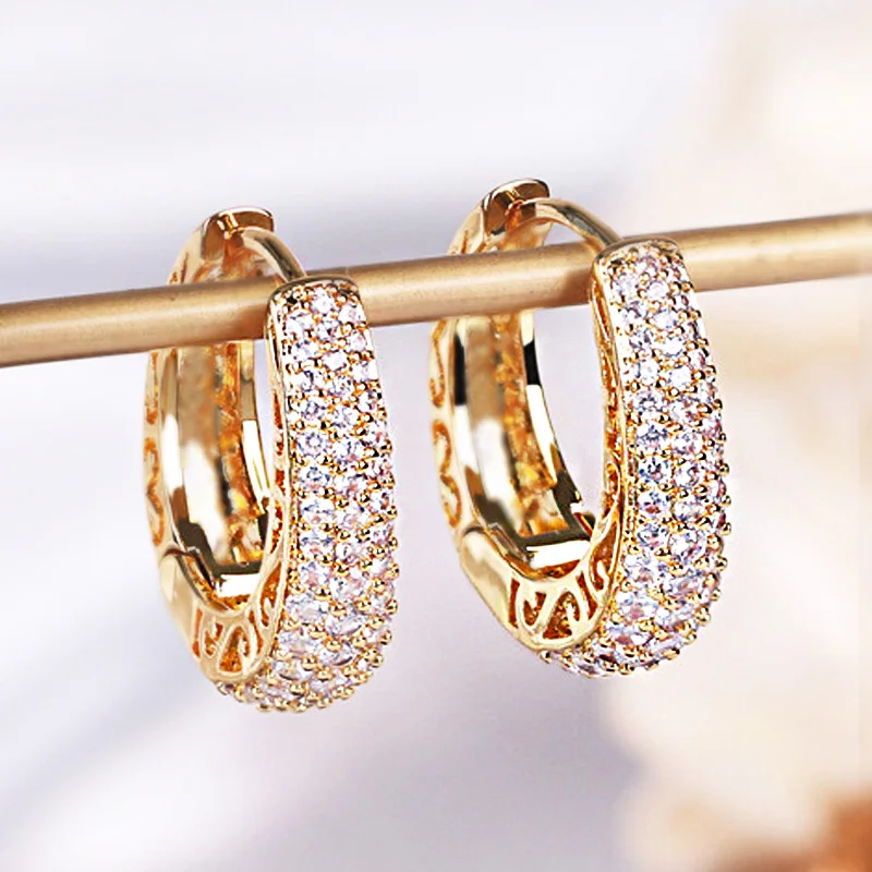 Alternative view of Huitan Luxury Paved CZ Hoop Earrings for Women Gold Color Hollow Out Design Temperament Female Ear Accessories Fashion Jewelry