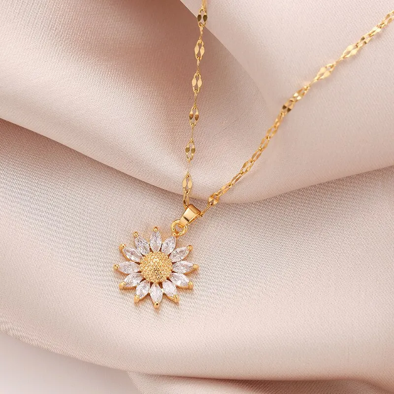 Alternative view of 1PCS Gold-color Necklace Ladies Light Luxury Style Flower Pendant Inlaid Zirconia Titanium Steel Chain Holiday Jewelry