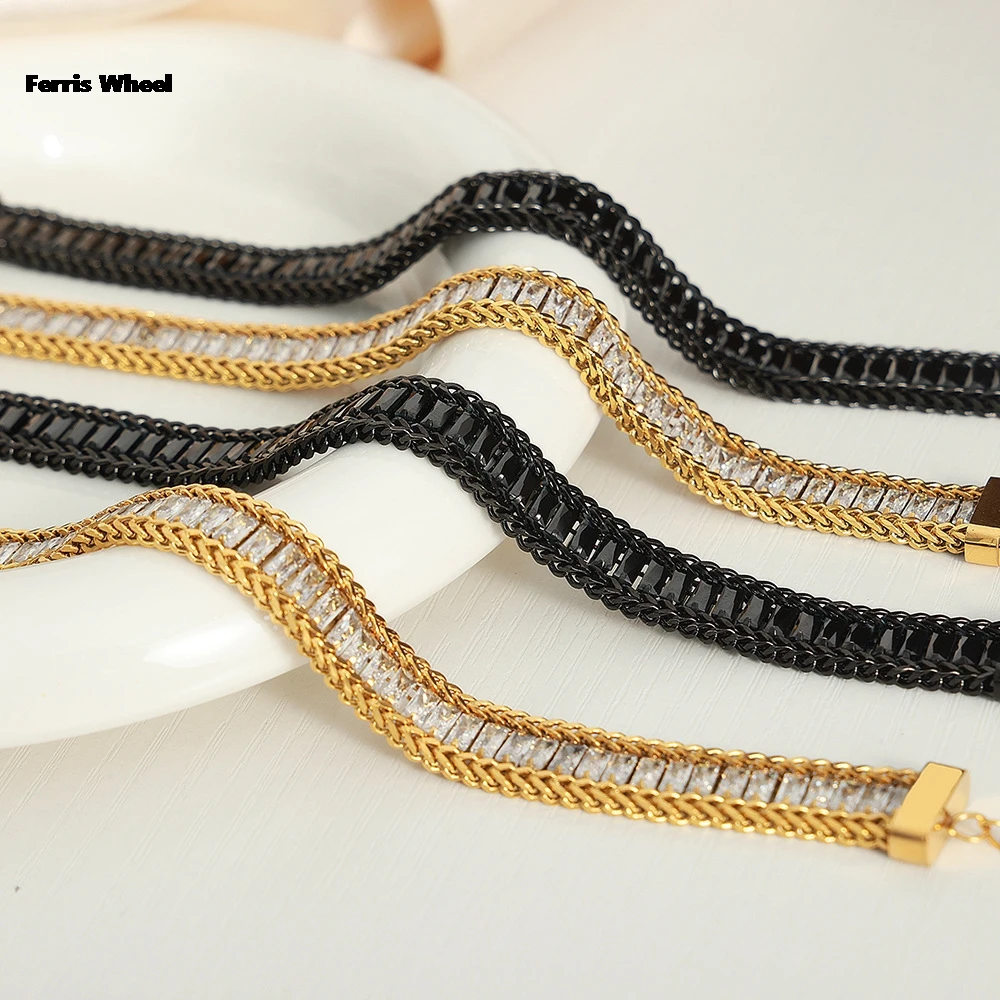 Hip Hop Zircon Spliced Bracelet for Women's Fashion Light Luxury Titanium Steel Gold Plated and Colorless Friendship Bracelets