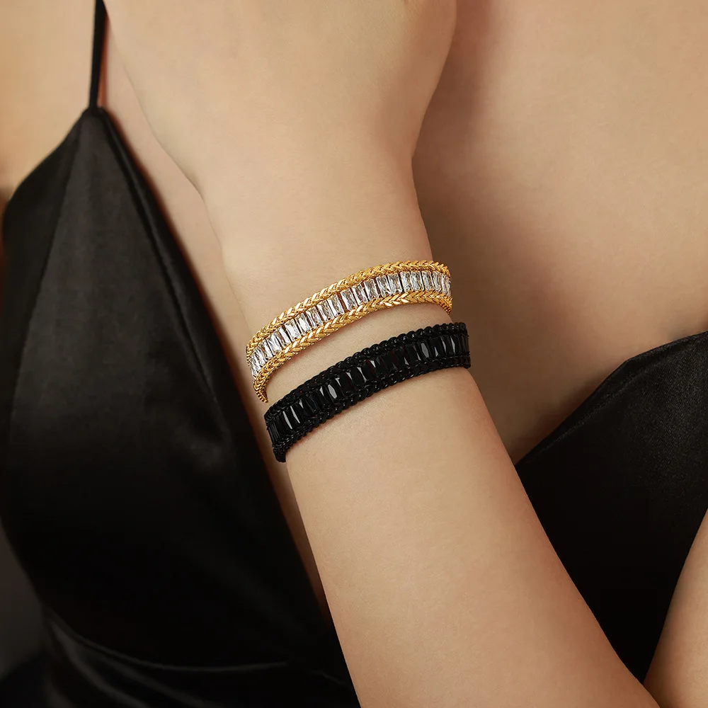 Alternative view of Hip Hop Zircon Spliced Bracelet for Women's Fashion Light Luxury Titanium Steel Gold Plated and Colorless Friendship Bracelets