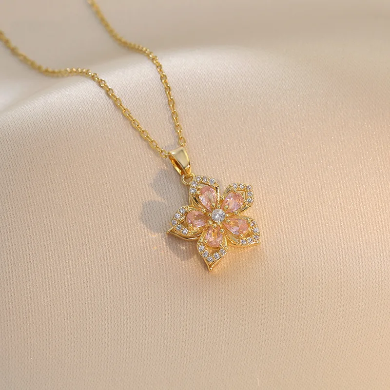 Alternative view of Light Luxury Spin Zircon Flower Pendant Necklace for Women Gold Color Quality High Sense Chain Necklaces Party Jewelry Gifts