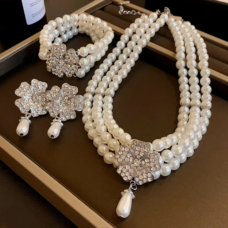 Alternative view of Rhinestone Flower Pearl Multi-layer Necklaces for Women French Luxury Niche Bracelet Temperament Fashion Earrings Jewelry Sets