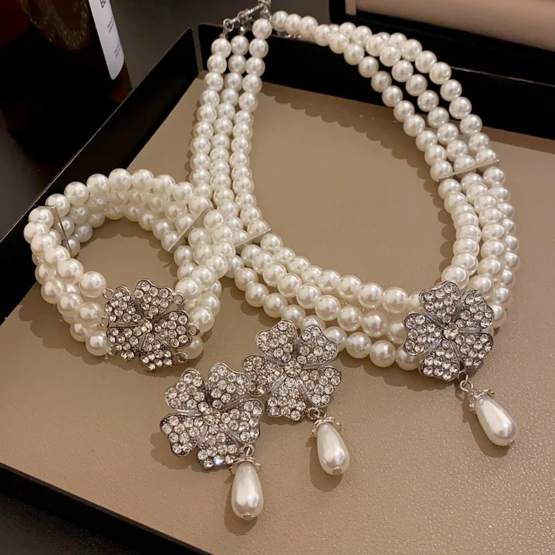 Rhinestone Flower Pearl Multi-layer Necklaces for Women French Luxury Niche Bracelet Temperament Fashion Earrings Jewelry Sets
